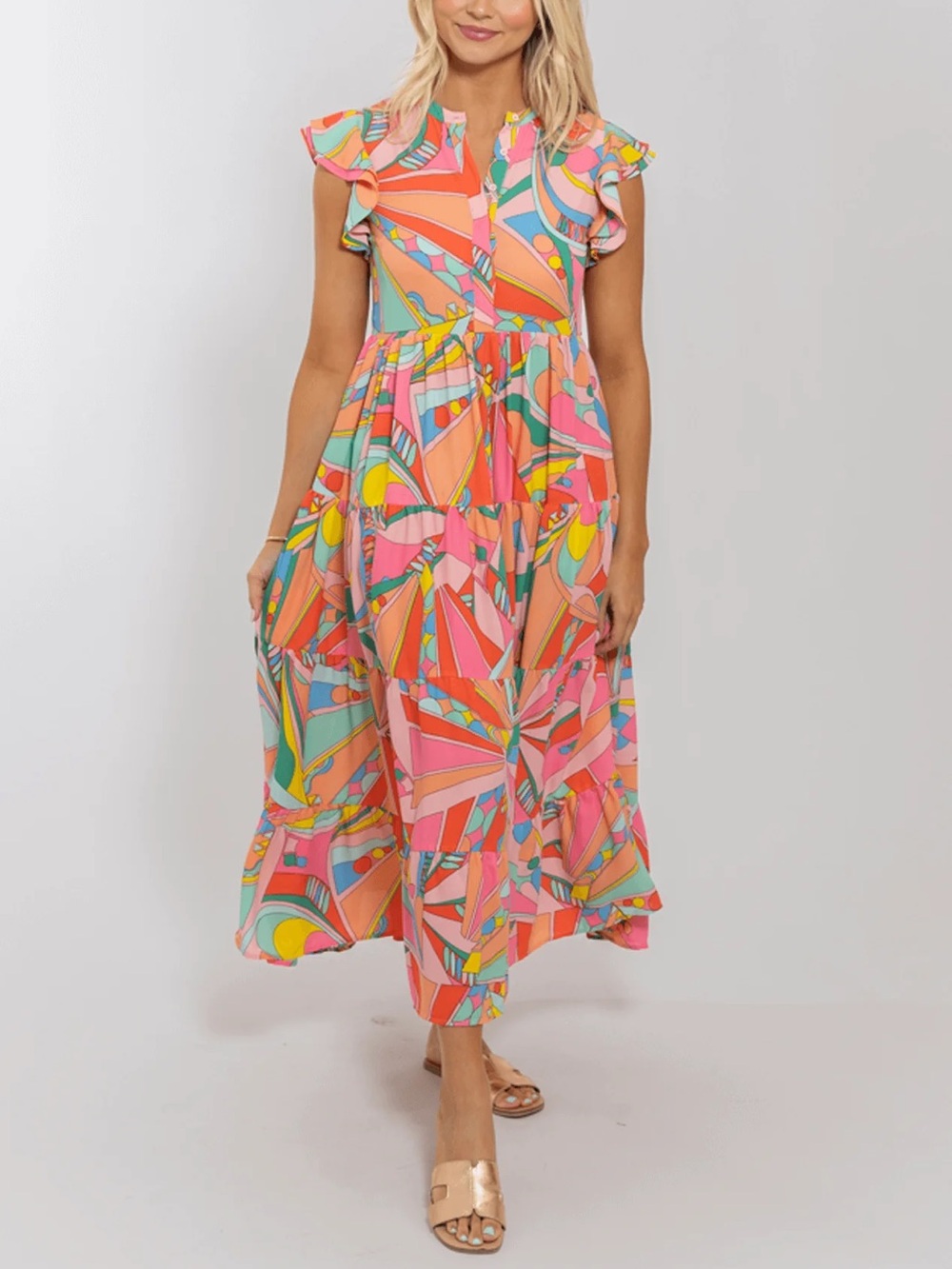 Karlie Bright Geometric Tiered Maxi Dress